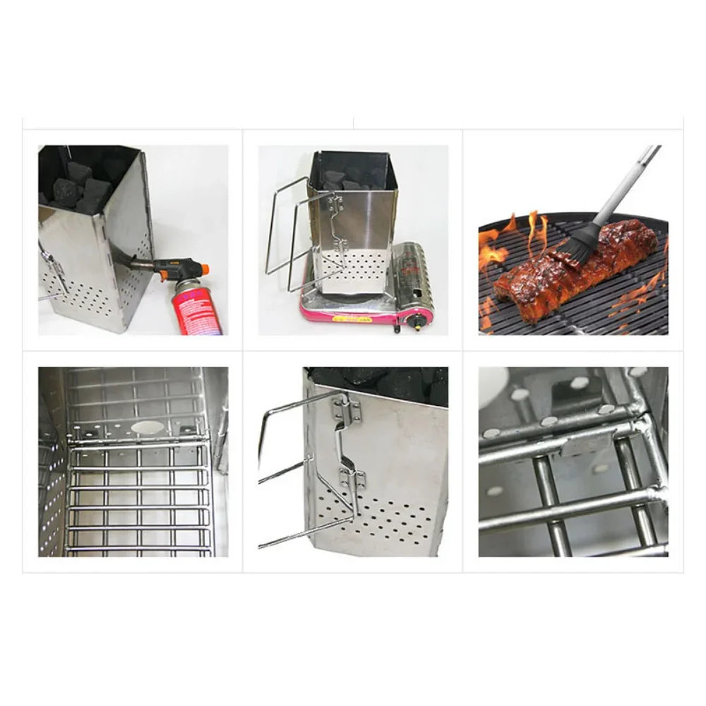 Portable Charcoal Starter & Folding BBQ Grill Stainless Steel Silver-3