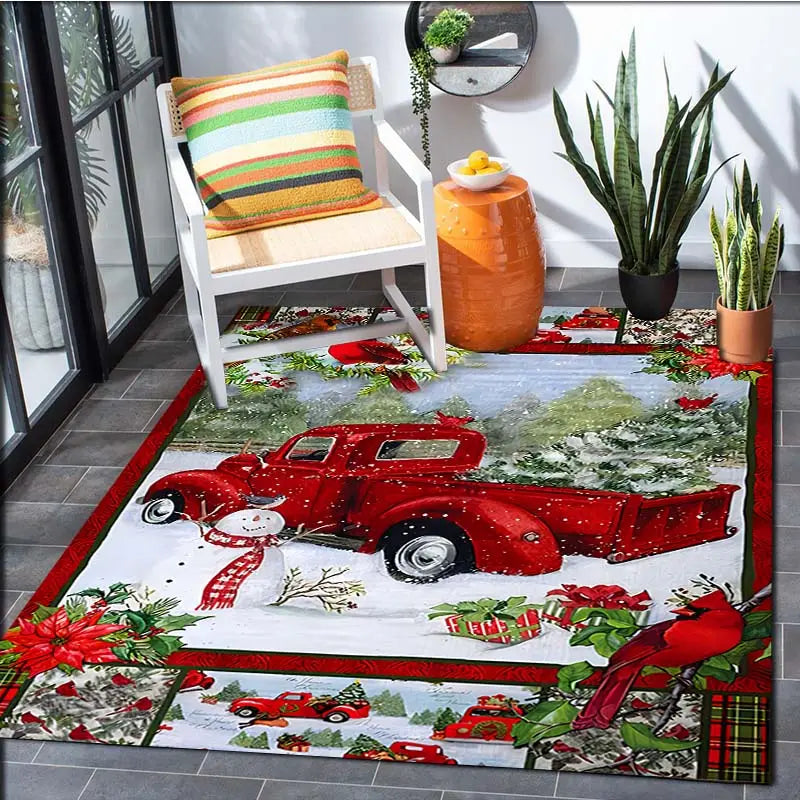 Festive Christmas Red Santa Truck Pattern Floor Mat-3