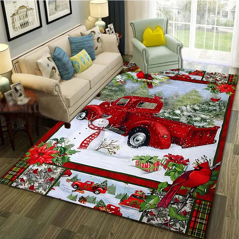 Festive Christmas Red Santa Truck Pattern Floor Mat-1
