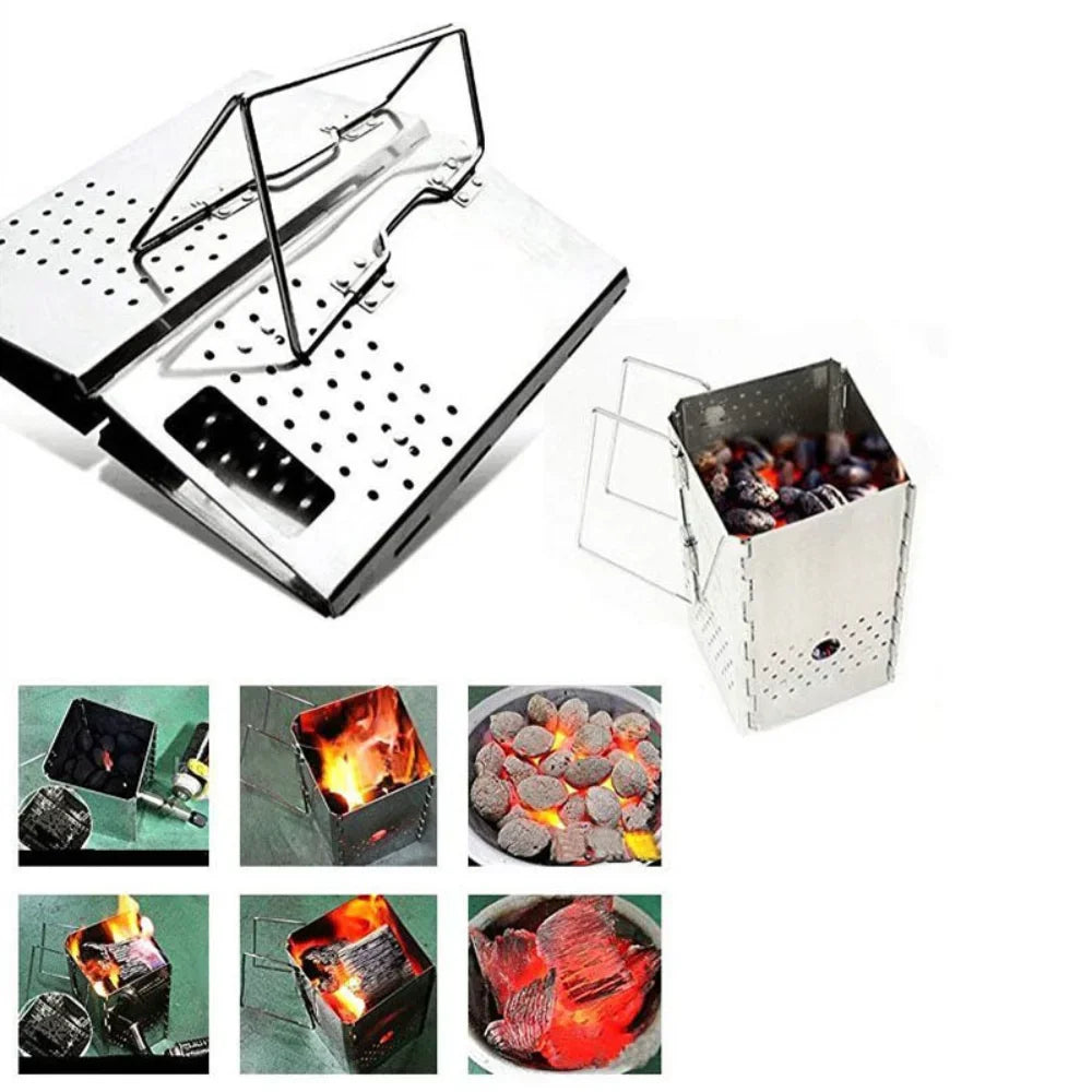 Portable Charcoal Starter & Folding BBQ Grill Stainless Steel Silver-2