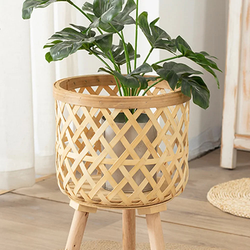 Handmade Bamboo Woven Flower Pot with Stand - Elegant Plant Display-2